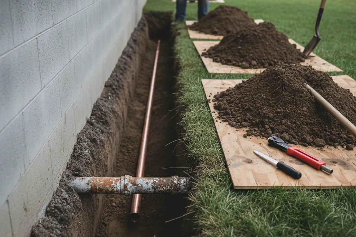 Excavated water line trench during Water Softener Installation in Vance